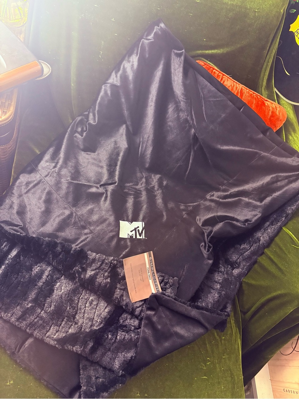 Simplicity Black Faux Fur and Velour Throw Blanket with MTV Embroidery